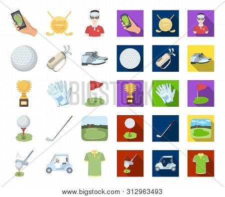 Golf And Attributes Cartoon, Flat Icons In Set Collection For Design.golf Club And Equipment Bitmap 