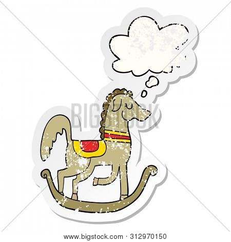 cartoon rocking horse with thought bubble as a distressed worn sticker