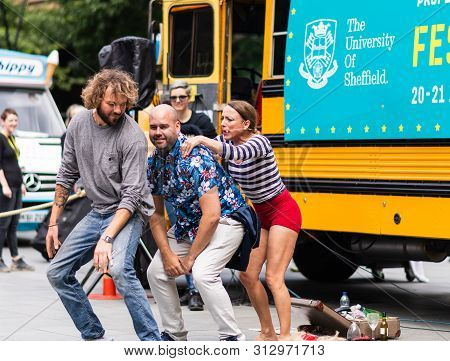 Sheffield, Uk - 20th July 2019: Street Performers At Tramlines 2019 Perform Live Shows For The Crowd