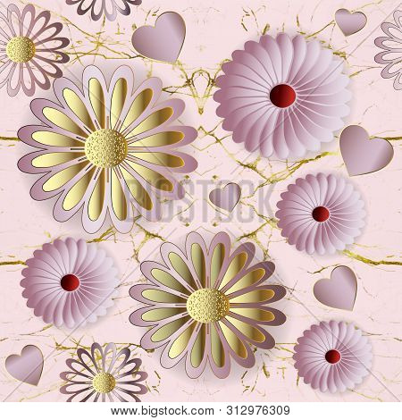 Floral 3d Vector Seamless Pattern. Rose Gold Ornamental Marple Style Background. Repeat Pink Cracked