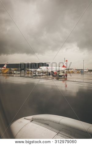 Vienna, Austria - July 12, 2019: Flughafen Wien-schwechat Or Vienna Airport From The Board Of A Newl