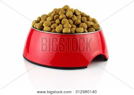 Red Bowl Methacrylate Food Container For Dog Or Cat With Food. Isolated On White Background.