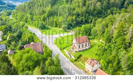An aerial view image of the  St. Ulrich's Chapel at Neckarhausen Germany