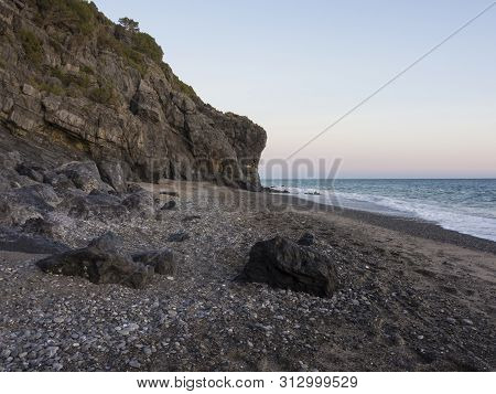 Troncone Beach Of Marina Di Camerota (salerno, Italy) In A Sunny Day At The Sunset