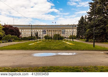 Wroclaw, Poland - May 3 2020: Provincial Office Building With Colorful Garden In Front Of