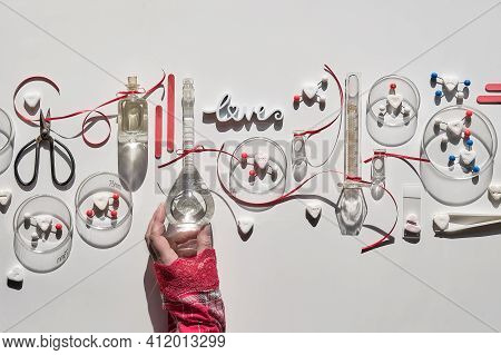 Chemistry Of Love. Creative Flat Lay, Top View With Chemical Glassware, Petri Dishes, Love Molecules