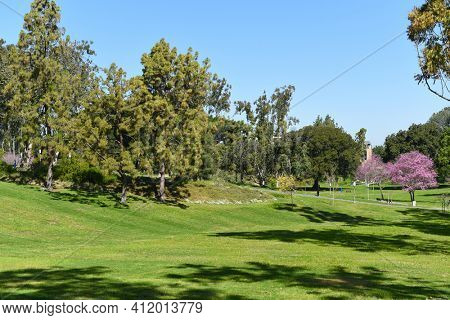 IRVINE, CALIFORNIA - 22 APRIL 2020: Aldrich Park on the Campus of the University of California Irvine, on a beautiful Spring day.