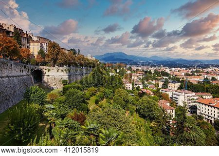 Bergamo, Italy - August 18, 2017: Panoramic View Of The City Of Bergamo From The Castle Walls