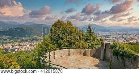 Bergamo, Italy - August 18, 2017: Panoramic View Of The City Of Bergamo From The Castle Walls