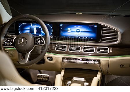 Moscow, Russia - December 24, 2019: Close-up Of Premium Led Ambiant Light Empty Interior Of Premium 