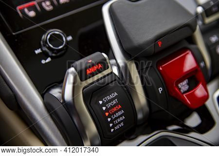 Moscow, Russia - December 15, 2020: Close-up Of Gearshift And Drive Mode Controller In The Premium S