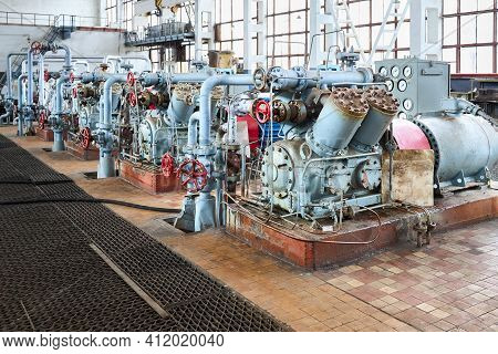 Grodno, Belarus - May 2020: Interior Element Of Chemical Enterprise Ammonia Reciprocating Compressor