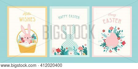 Happy Easter. Greeting Cards Or Posters With Bunny, Spring Flowers And Easter Egg. Egg Hunt Poster T