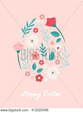Happy Easter. Greeting Cards Or Posters With Spring Flowers And Easter Egg. Egg Hunt Poster Template