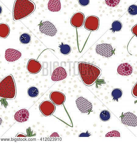 Vector Red Cherries, Strawberries, Rasberries, Blackberries And Blueberries On White Background Seam