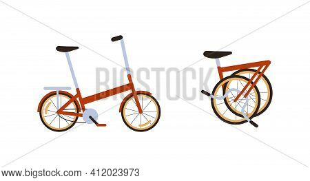 Set Of Red Modern Folding City Bike. Ecological Transport Side View And Fold Up. Commuting By Compac
