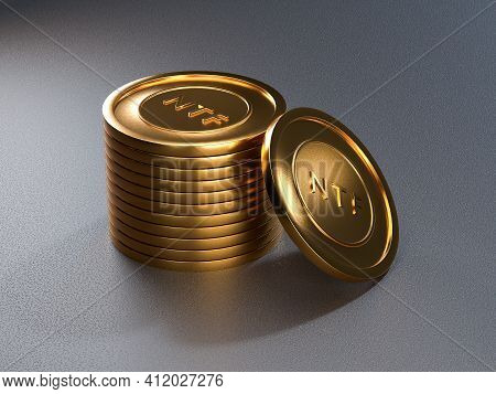 Ntf Coin Token On Grey Background. Non-refundable Token. 3d Render. Crypto Art Place For Selling. Bl