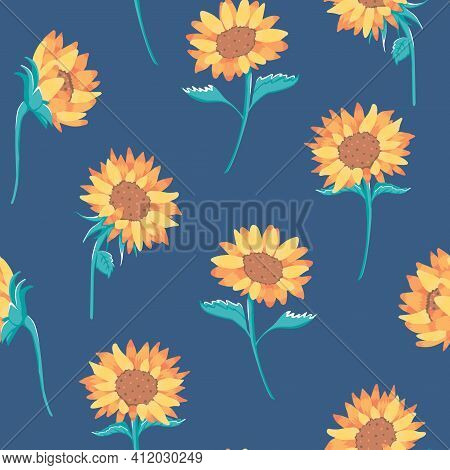 Vector Warm Colored Sunflowers On Blue Seamless Pattern Background. Perfect For Fabric, Scrapbooking