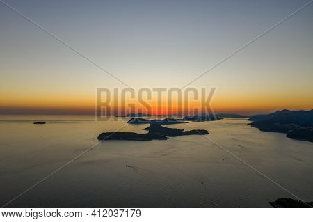 Aerial Drone Shot Of Post Sunset Over Adriatic Sea Vie From Babin Kuk Hill In Dubrovnik Croatia Summ