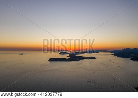 Aerial Drone Shot Of Sunset Over Adriatic Sea Vie From Babin Kuk Hill In Dubrovnik Croatia Summer