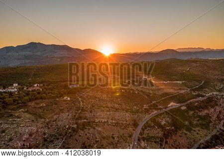 Aerial Drone Shot Of Sunrise Over Mountain Srd In Dubrovnik In Croatia Summer Morning