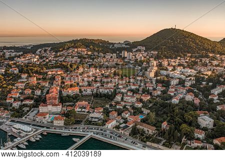 Aerial Drone Shot Of Babin Kuk Hill In Dubrovnik In Croatia Summer Sunset