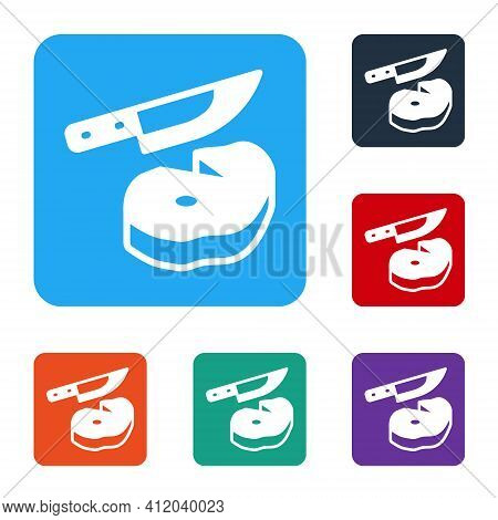 White Steak Meat And Knife Icon Isolated On White Background. Slicing Meat. Set Icons In Color Squar