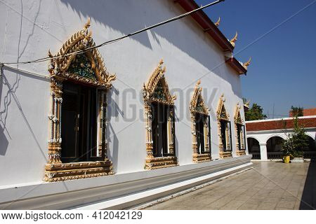 Window Ordination Hall Of Wat Paramaiyikawat Worawihan Or Mon Ancient Buddhist Temple On Koh Kret Is