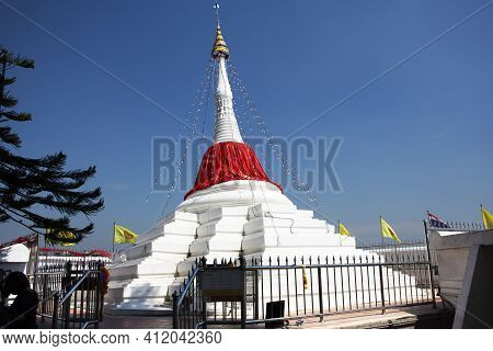 Mon Stupa Rim Chao Phraya River Or Leaning Or Tilted Pagoda Of Wat Paramaiyikawat Worawihan On Koh K