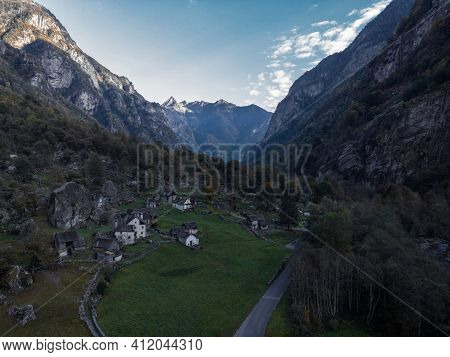 Aerial Panorama View Of Traditional Old Historic Stone Rock Houses Buildings In Sabbione Village Ham