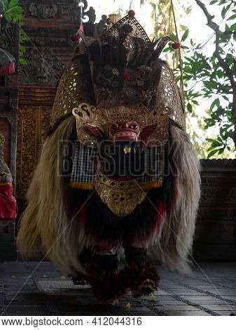 Traditional Balinese Culture Art Performance Sahadewa Barong Dance Costume Choreography In Hindu Tem