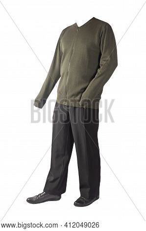 Men's Dark Green Knitten Bomber Jacket ,black Pants  And Black  Leather Shoes Isolated On White Back