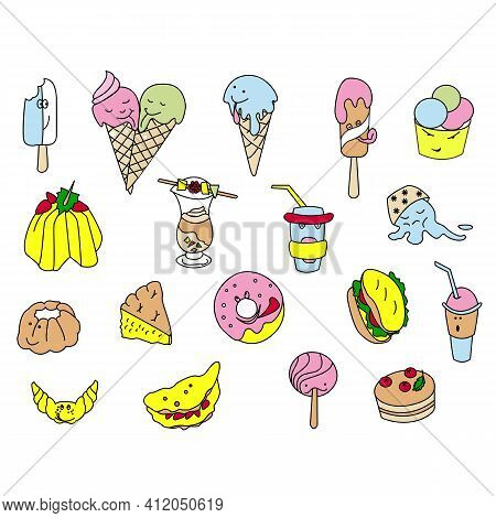 Doodle Set Dessert . Vector Illustration Of Sweets And Drink