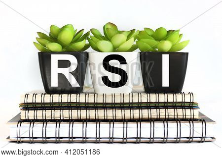 Rsi. Text On Pots Of Plants That Stand On Notepads On White Background