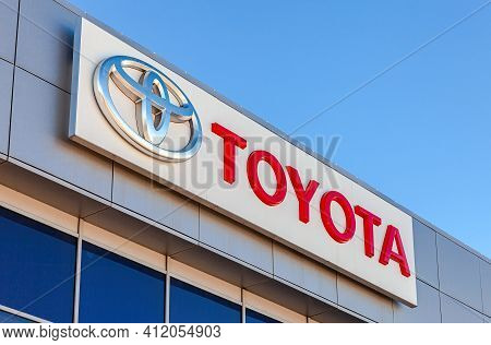 Samara, Russia - March 13, 2016: Toyota Logo On The Building Of Official Dealer. Toyota Motor Corpor