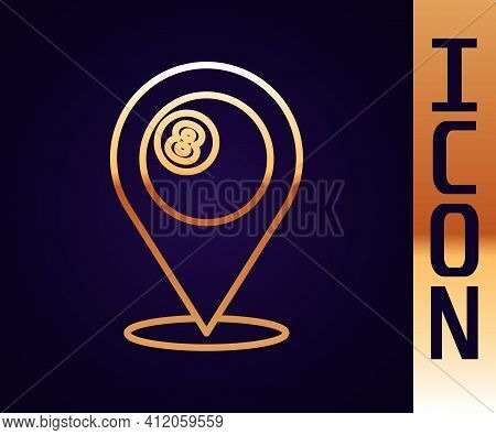 Gold Line Map Pointer With Billiard Pool Snooker Ball With Number 8 Icon Isolated On Black Backgroun