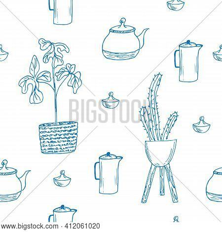 Seamless Pattern Kitchen With Coffee Pot And Teapots.vector Illustration
