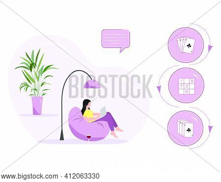 Vector Illustration Woman Using Laptop For Chooses Play Online Game Solves Sudoku, Solitaire, Poker 