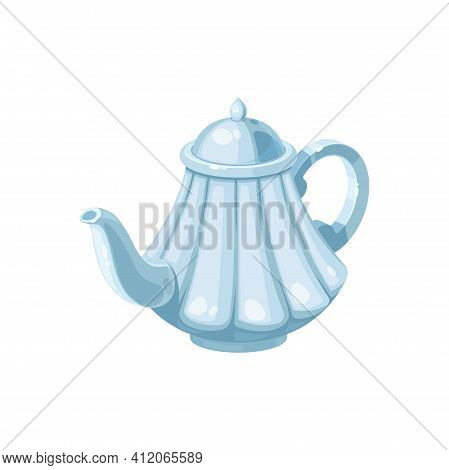 Tea Pot Isolated Porcelain Kettle With Hot Drink. Vector Teapot With White Cap, Kitchenware Utensils