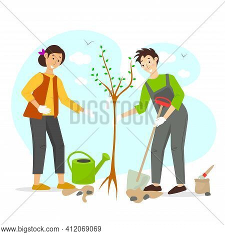 Gardening Vector Concept Illustration. Man And Women Plant A Tree. Volunteers Are Planting A Tree. G