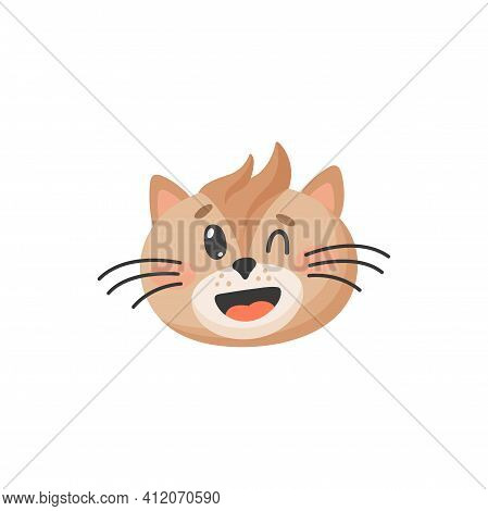 Smiling Cat Winks One Eye Isolated Cute Kitten Portrait. Vector Muzzle Of Brown Cat With Forelock An