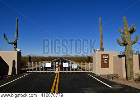 Casa Grande, Arizona, February 28, 2021: Tsign Signifies The Entrance To The Casa Grande Ruins Natio