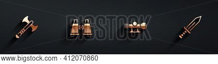 Set War Axe, Binoculars, Sniper Optical Sight And Sword Icon With Long Shadow. Vector