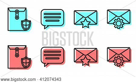 Set Line Envelope With Star, Envelope With Shield, Speech Bubble Chat And Envelope Setting Icon. Vec