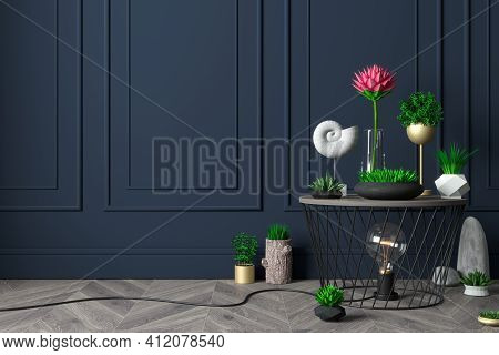 Decor Plants And Dark Blue Classic Wall