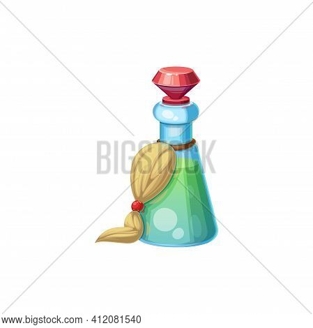 Green Wizard Potion In Flask With Red Diamond Cork Isolated Cartoon Icon. Vector Jar With Poison Dri