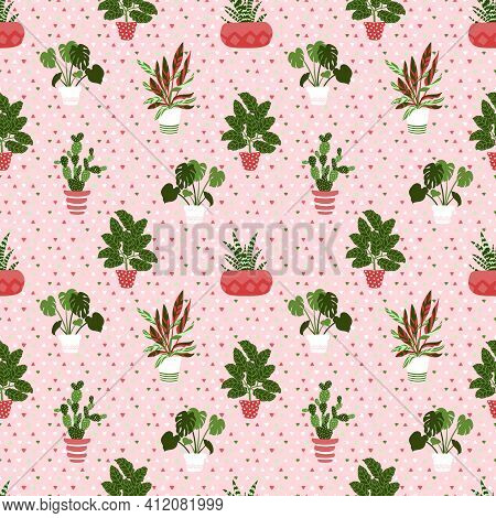 Vector Pattern From Houseplants In Pots. Cactus, Aloe, Monster, Calatea, Stromunt. Illustration Of D