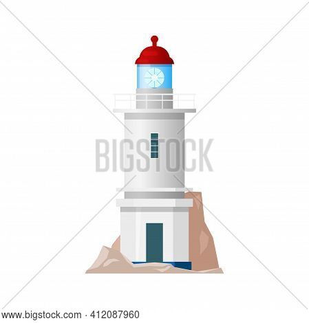 Lighthouse, Nautical Sea Light House Beacon Tower Or Coast Searchlight, Vector Isolated Flat Icon. M
