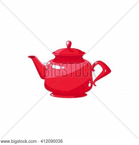 Tea Pot With Herbal Green Or Black Tea Isolated Red Kettle With Cap. Vector Kitchen Cutlery, Chinese