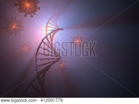 Dna Molecule With Back Light And Virus Attack Concept. Genetic Code, Helical Molecules. 3d Illustrat